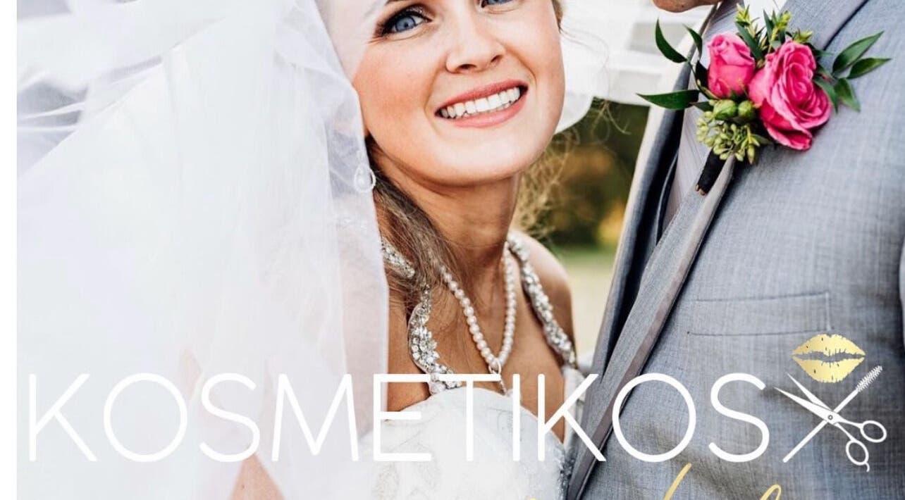 Smiling bride with veil and pearls at Kosmetikos, Sherman, Texas, US, showcasing wedding beauty services.