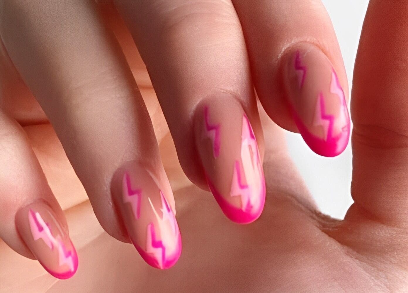 Vibrant pink lightning nail art at Wondernails by Jojo, Glasgow, Scotland, GB.