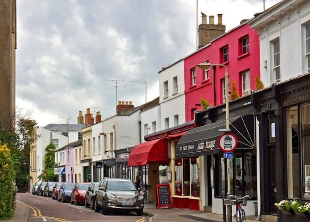 Lively Cheltenham street near Future Skin Injectables with Karen Brereton Aesthetics, Cheltenham, England, GB.