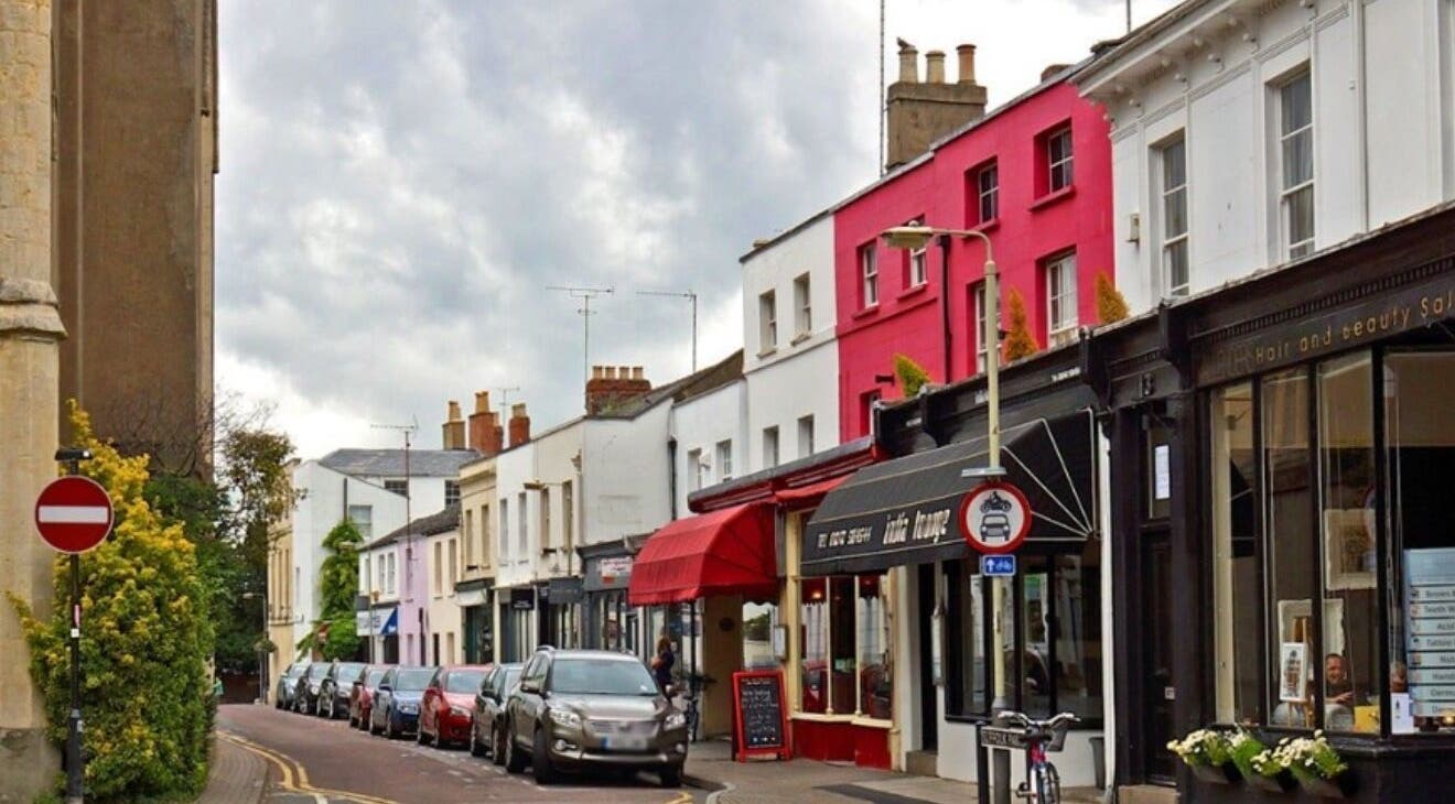 Lively Cheltenham street near Future Skin Injectables with Karen Brereton Aesthetics, Cheltenham, England, GB.