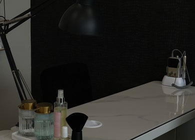 Stylish nail care station at AM Beauty Studios Kingsknowe, Edinburgh, Scotland, GB, showcasing manicure tools.