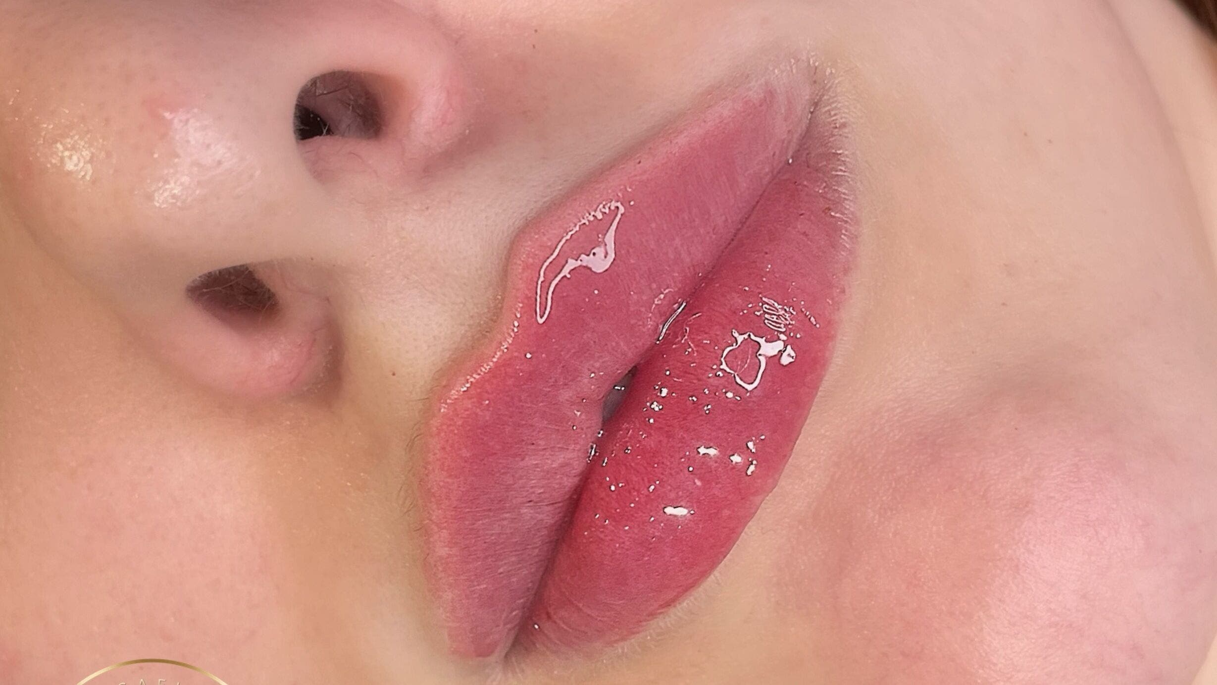 Close-up of glossy, enhanced lips at AE Clinics - Abigael Eva (Colchester) in Colchester, England, GB.