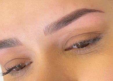 Close-up of expertly shaped eyebrows at AE Clinics - Abigael Eva, Bury St Edmunds, England, GB.