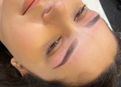 Close-up of a woman's perfectly shaped eyebrows at AE Clinics (Haverhill), Haverhill, England, GB.