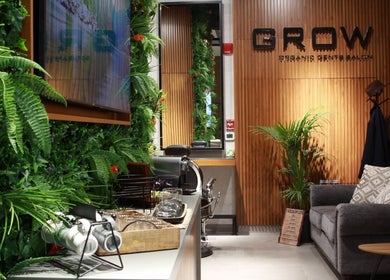Interior of Grow Organic Gents Salon in Dubai, AE, showcasing lush greenery and modern design.