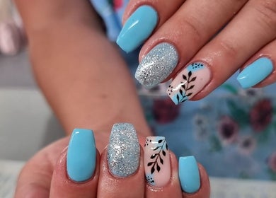 Elegant blue and silver nail art at Apple Blossom, Cape Town, Western Cape, ZA.