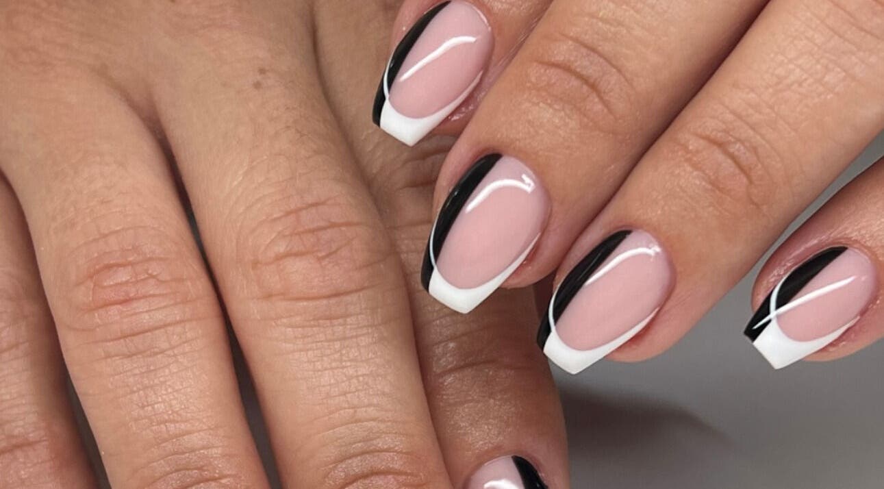 Modern black and white nail design at The Glam Bar, Queensburgh, KwaZulu-Natal, ZA.