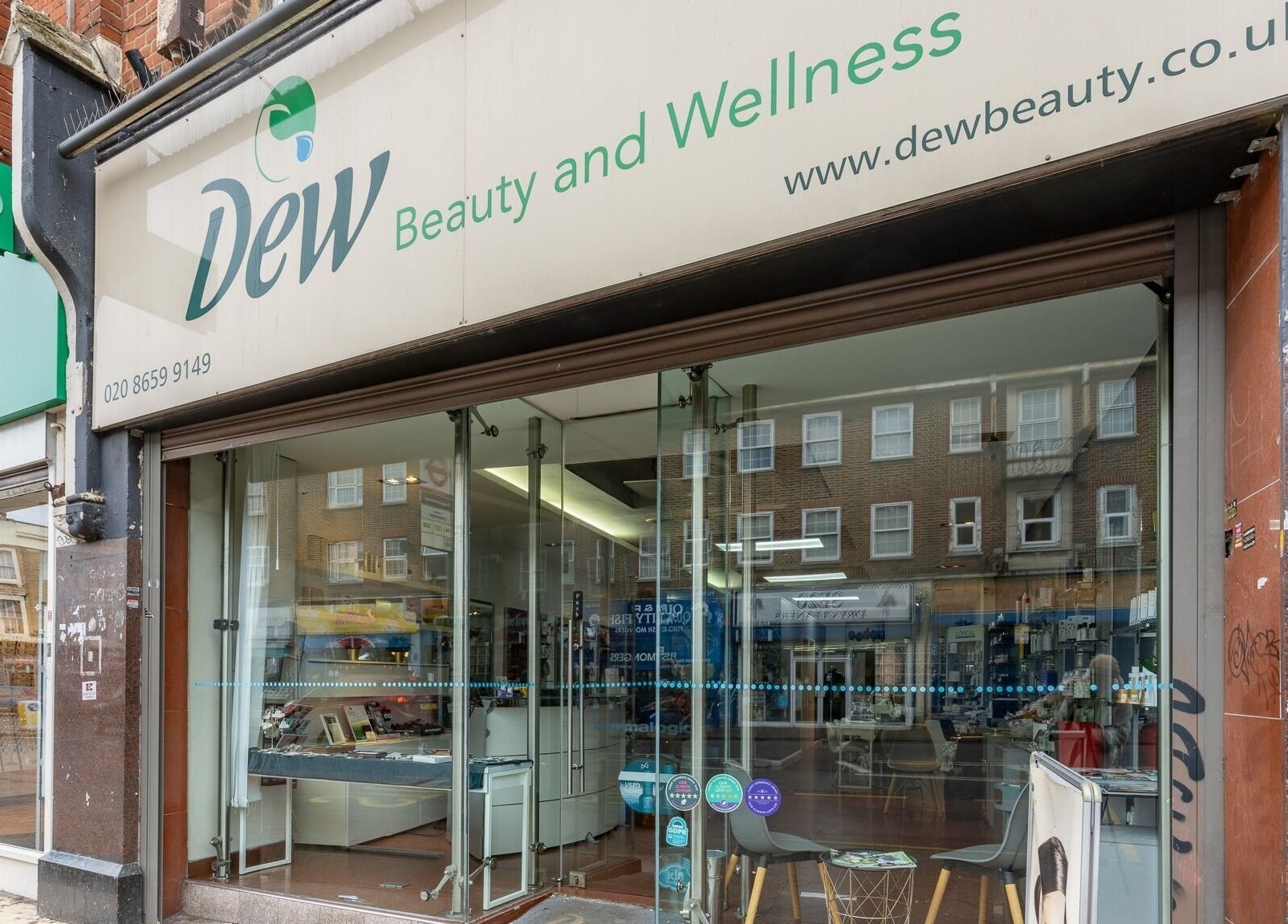 Exterior of Dew Beauty and Wellness in London, England, GB showcasing the modern glass front.
