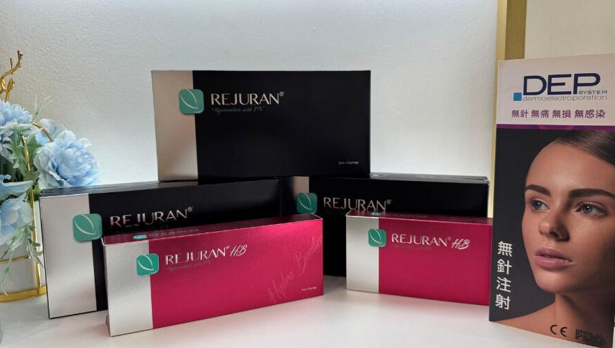 Rejuran beauty products displayed at Beautyhood on Hong Kong Island, HK with decorative flowers.