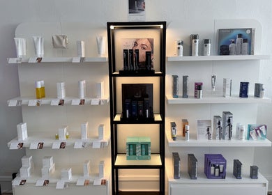Display of skincare products at Aura Beauty LLC, Kenosha, Wisconsin, US, showcasing a range of beauty essentials.