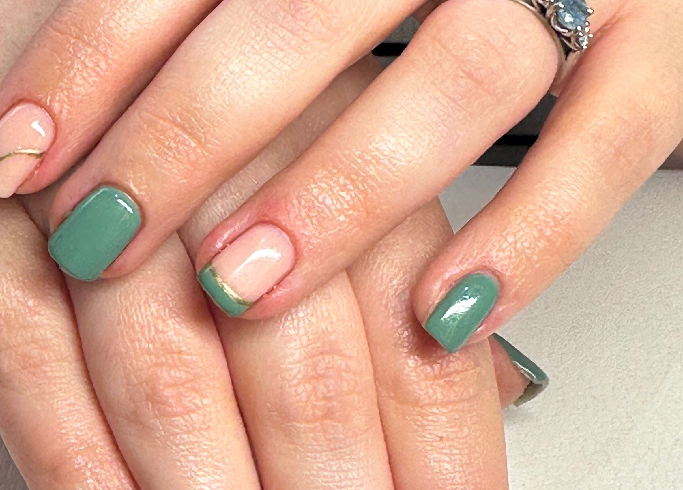 Elegant jade green manicure at The Mani Lounge Cheshire, Congleton, England, GB.