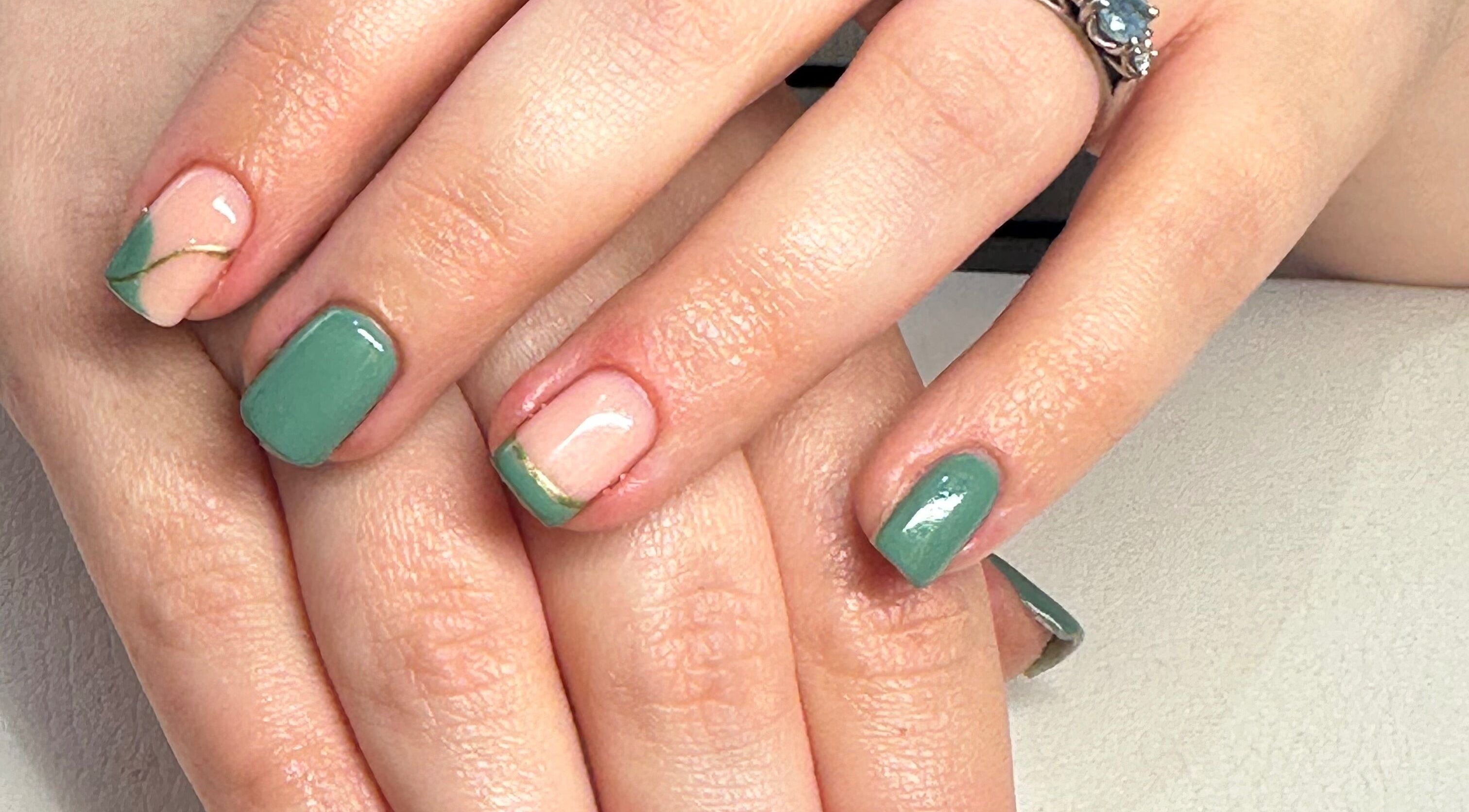 Elegant jade green manicure at The Mani Lounge Cheshire, Congleton, England, GB.