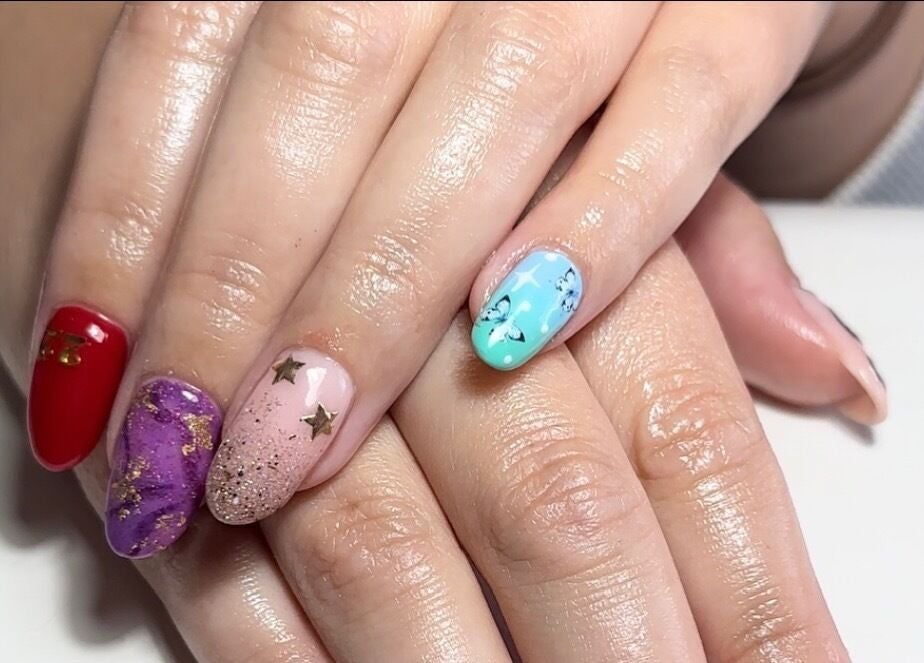 Colorful nail art at The Mani Lounge Cheshire in Congleton, England, GB.