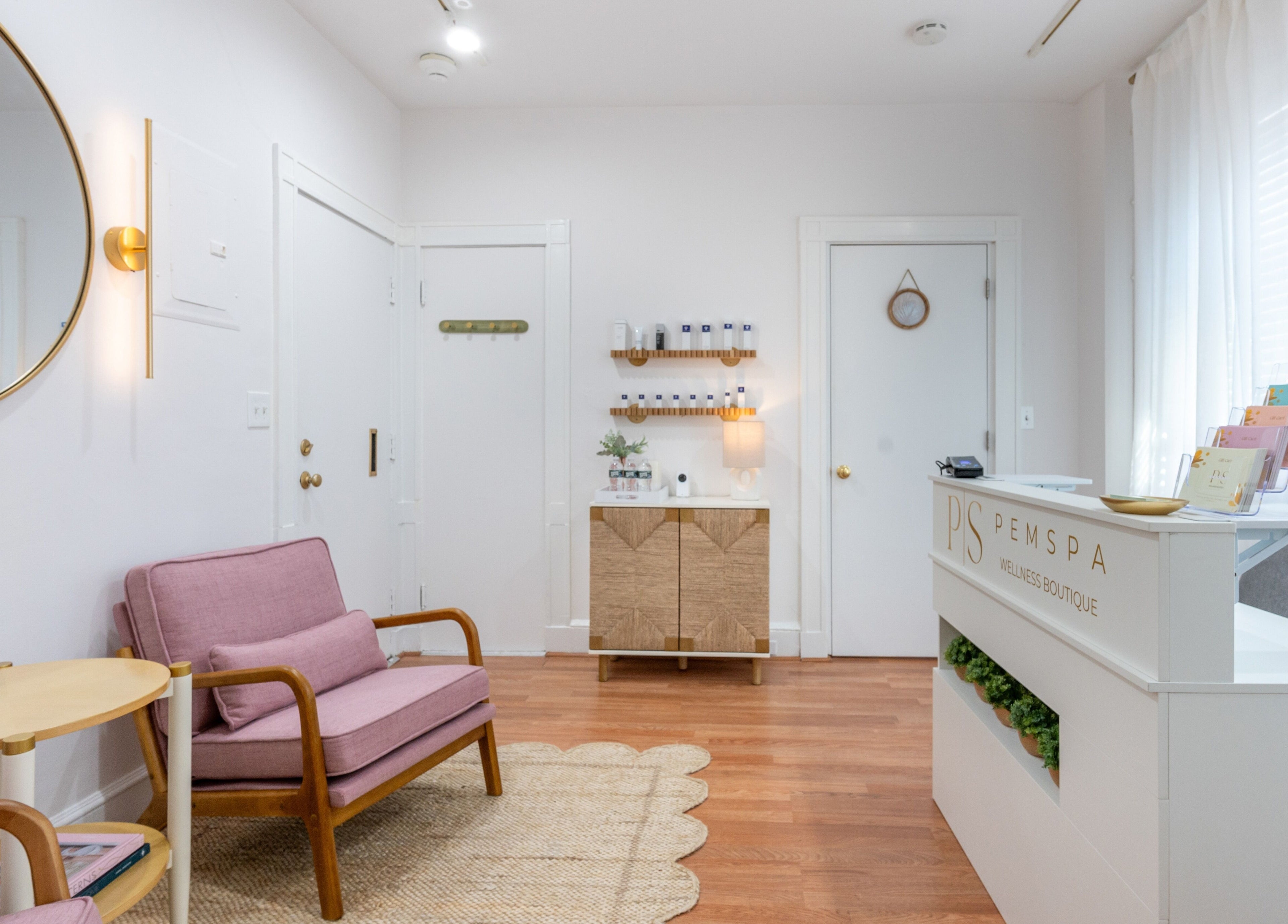 PemSpa reception in Newton, Massachusetts with elegant decor and soothing atmosphere.