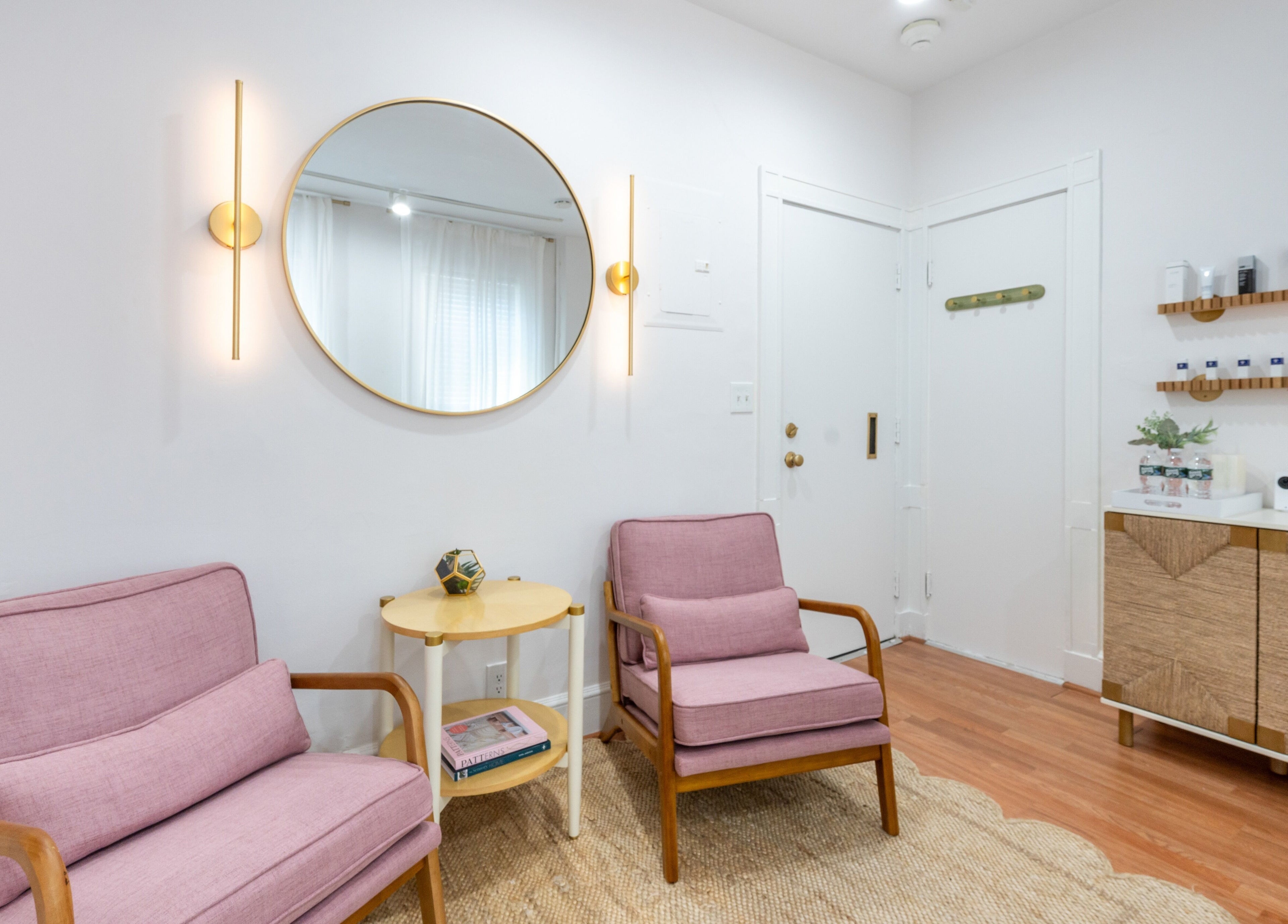 Inviting seating area at PemSpa, Newton, Massachusetts, US, featuring chic chairs and decor.