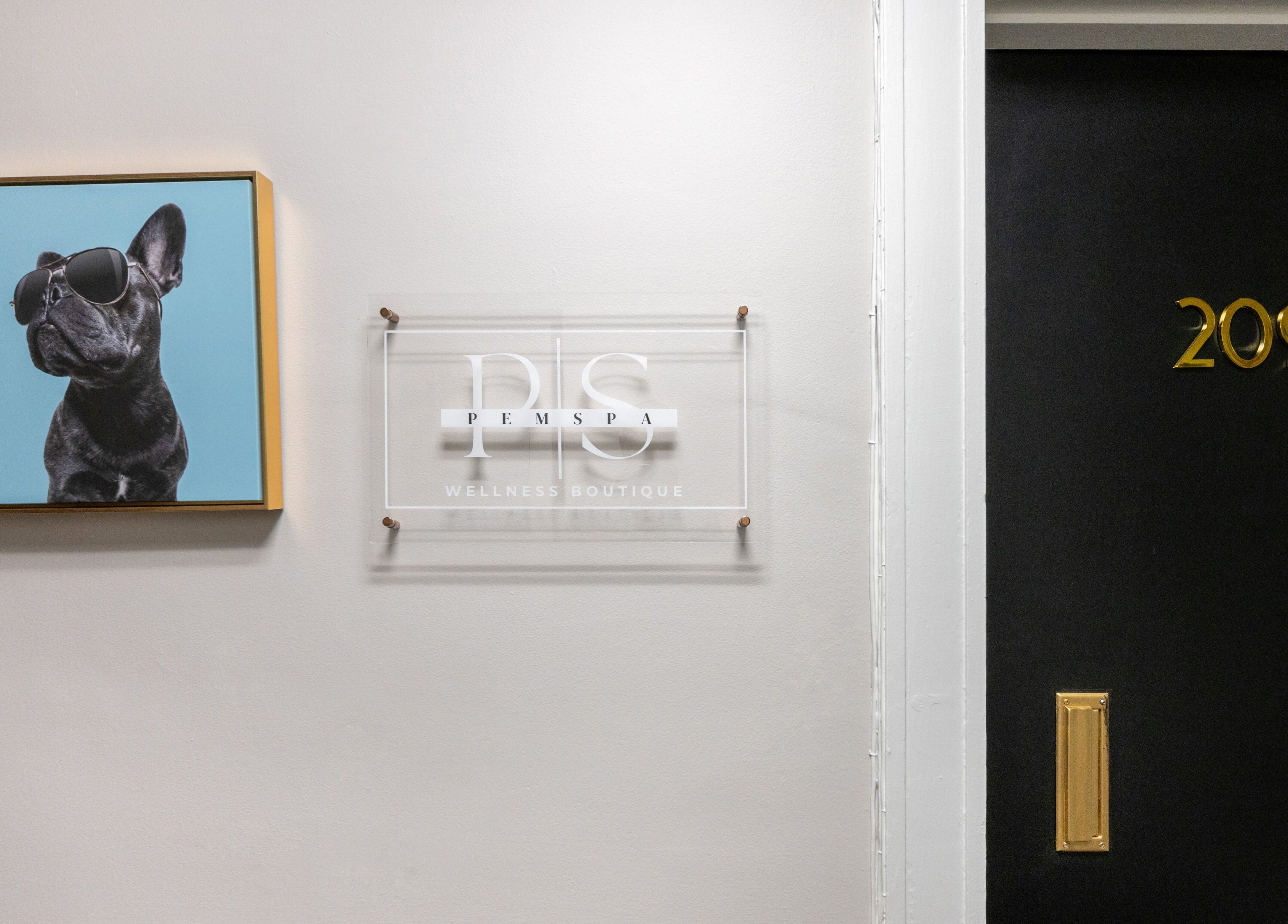 PemSpa entrance with modern art and signage in Newton, Massachusetts, US.