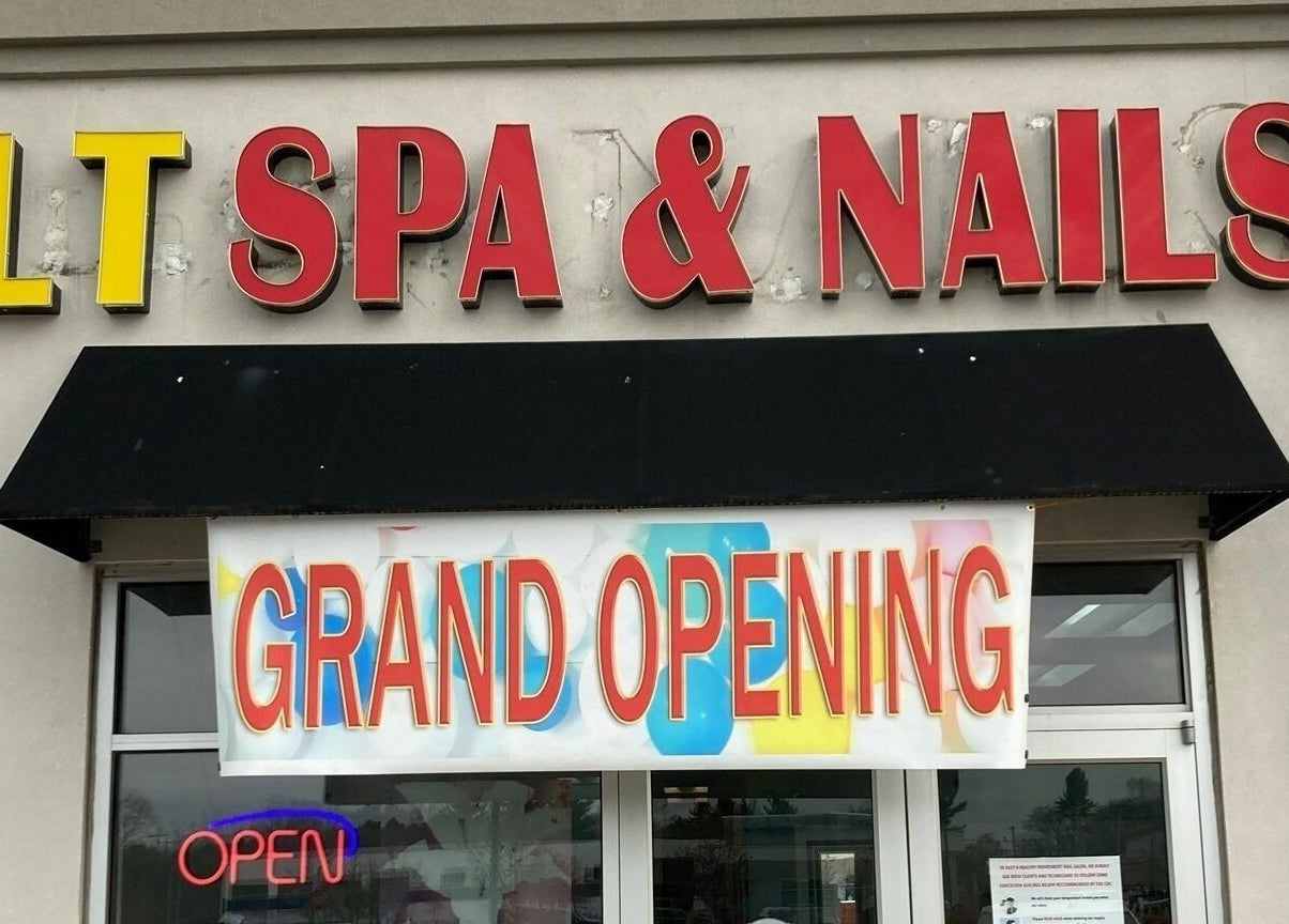LT Spa & Nails grand opening banner at Wilmington, Massachusetts, US entrance.