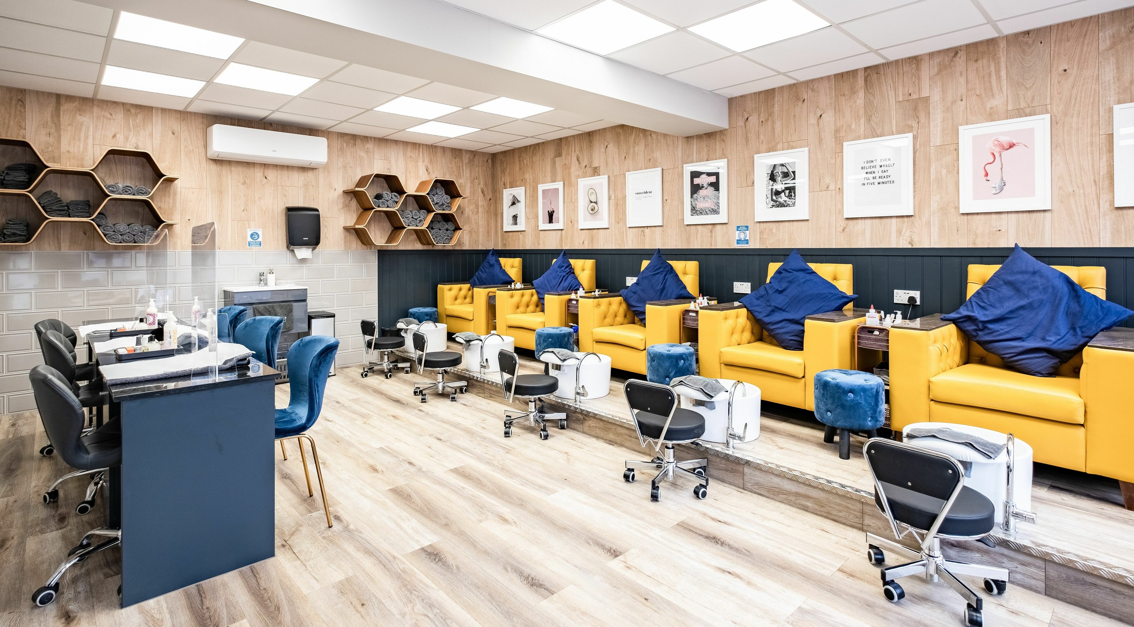 Bright Nail Spa in London, England, GB with stylish seating and modern decor.
