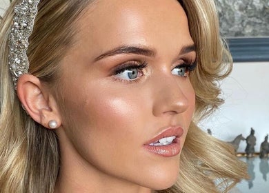 Close-up of a woman with elegant makeup and jeweled headband at Lux - Clarkston, Glasgow, Scotland, GB.