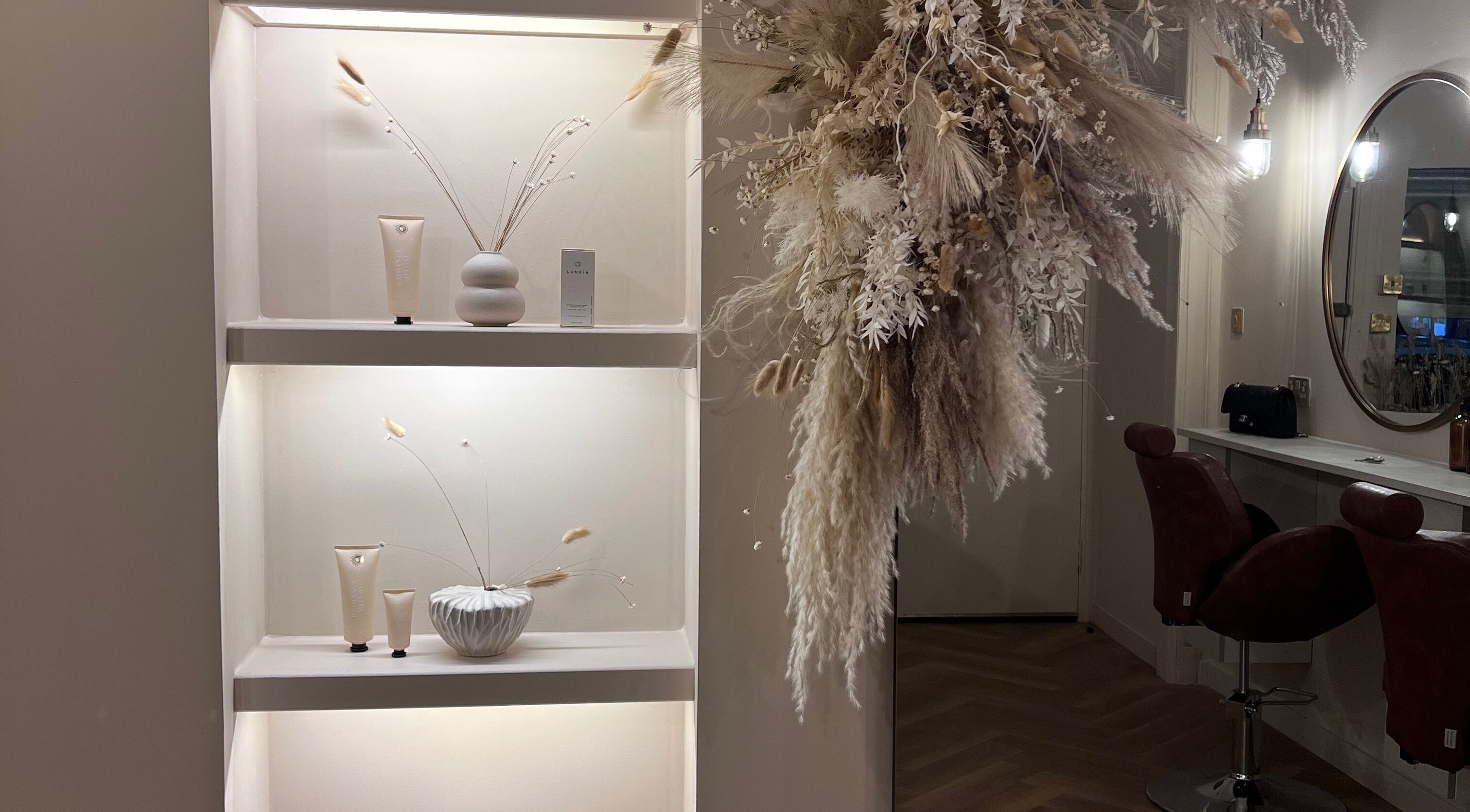 Elegant LUX decor with products and dried floral display in Glasgow, Scotland, GB.