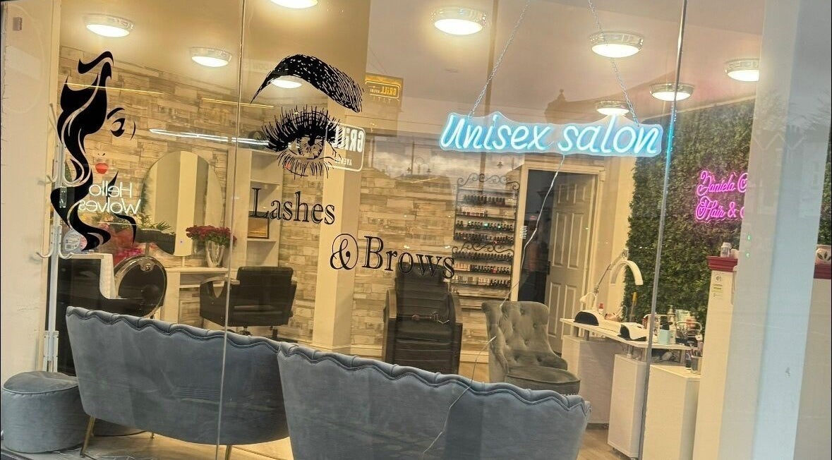 Front view of Daniela Beauty Salon in Wolverhampton with chic decor and modern seating.