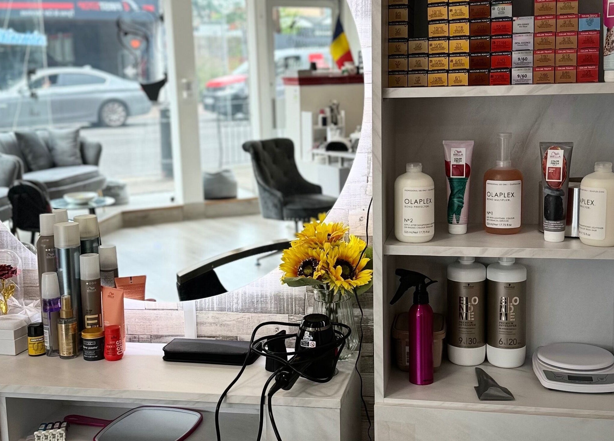 Product display at Daniela Beauty Salon in Wolverhampton, England, GB, featuring hair care items and decor.
