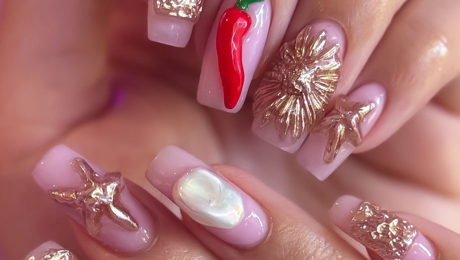 Intricate nail art with gold accents at Savage Nails, Auckland, Auckland, NZ.