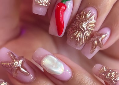 Intricate nail art with gold accents at Savage Nails, Auckland, Auckland, NZ.