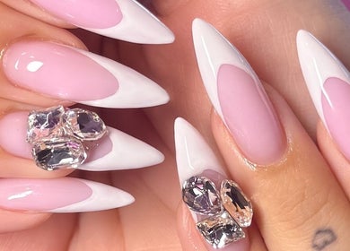 Elegant pink and white nails with crystals at Savage Nails, Auckland, Auckland, NZ.