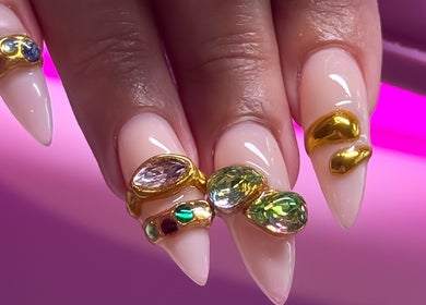 Sophisticated nail art with gems at Savage Nails, Auckland, Auckland, NZ. Elegant and artistic design.