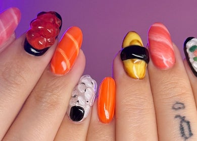Creative sushi-themed nail art at Savage Nails, Auckland, Auckland, NZ, showcasing vibrant, detailed designs.