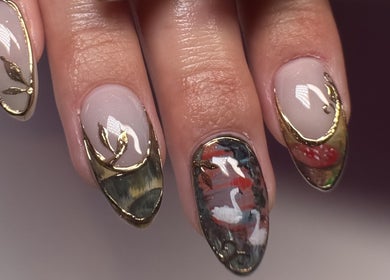 Exquisite swan nail art at Savage Nails in Auckland, Auckland, NZ. Gold accents enhance the sophisticated design.