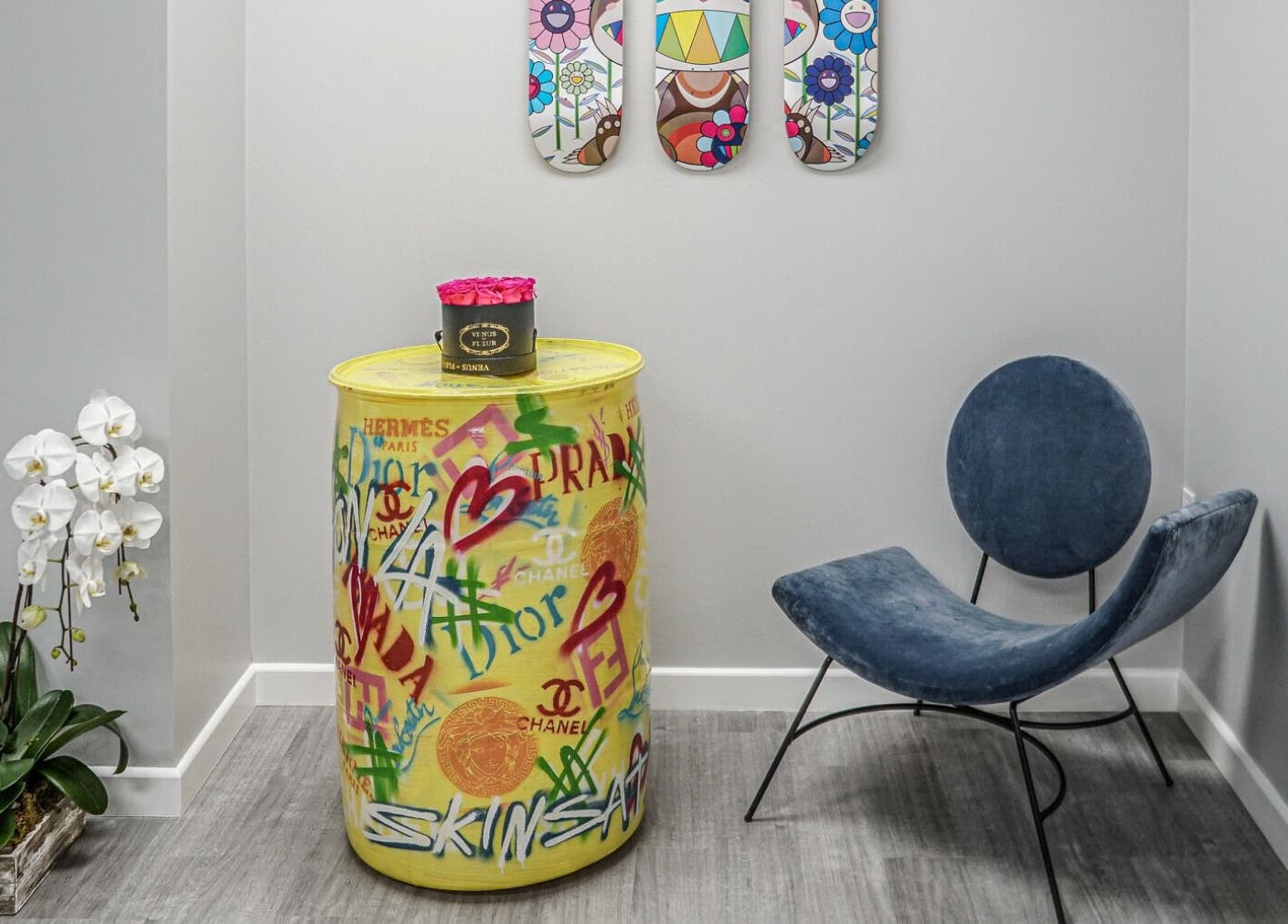 Colorful lounge corner at Skinsation LA | Skin Tightening, Botox and Lip Fillers by Skinsation LA, Los Angeles, US.