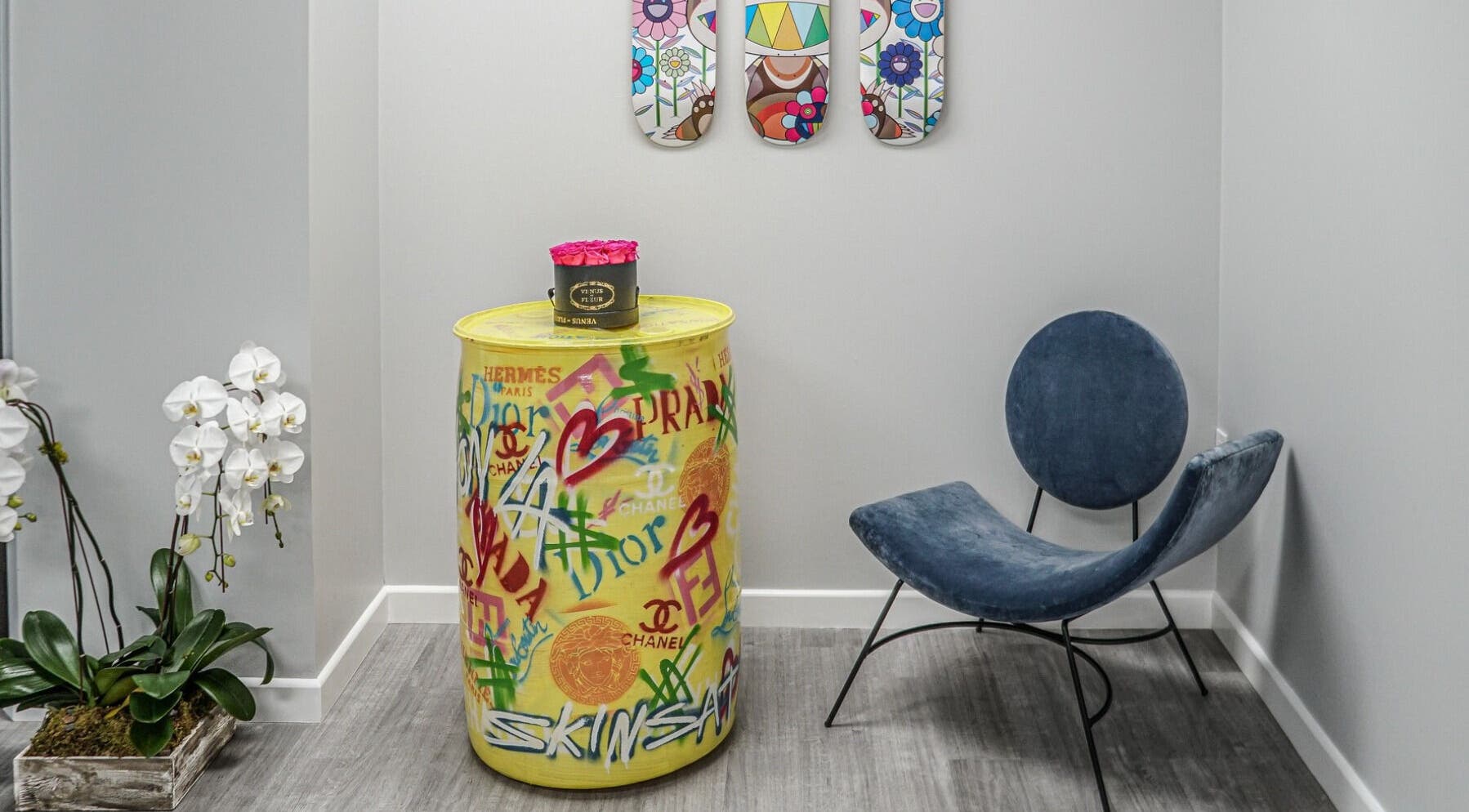 Colorful lounge corner at Skinsation LA | Skin Tightening, Botox and Lip Fillers by Skinsation LA, Los Angeles, US.