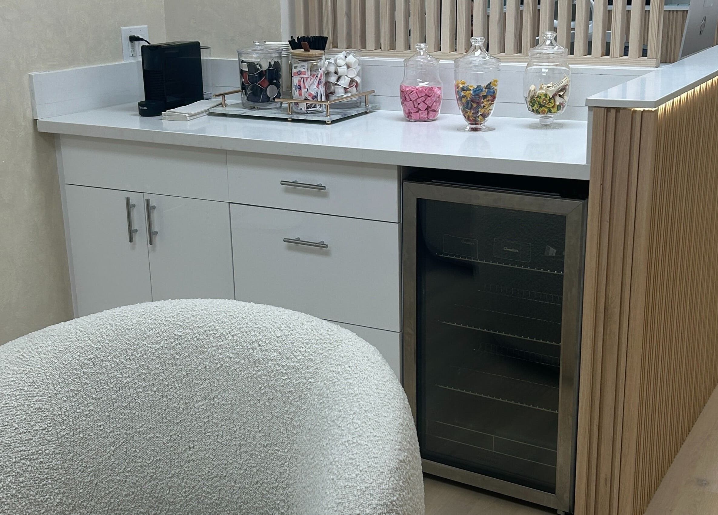 Elegant refreshment area at Skinsation LA | Skin Tightening, Botox and Lip Fillers by Skinsation LA, Los Angeles, California, US.