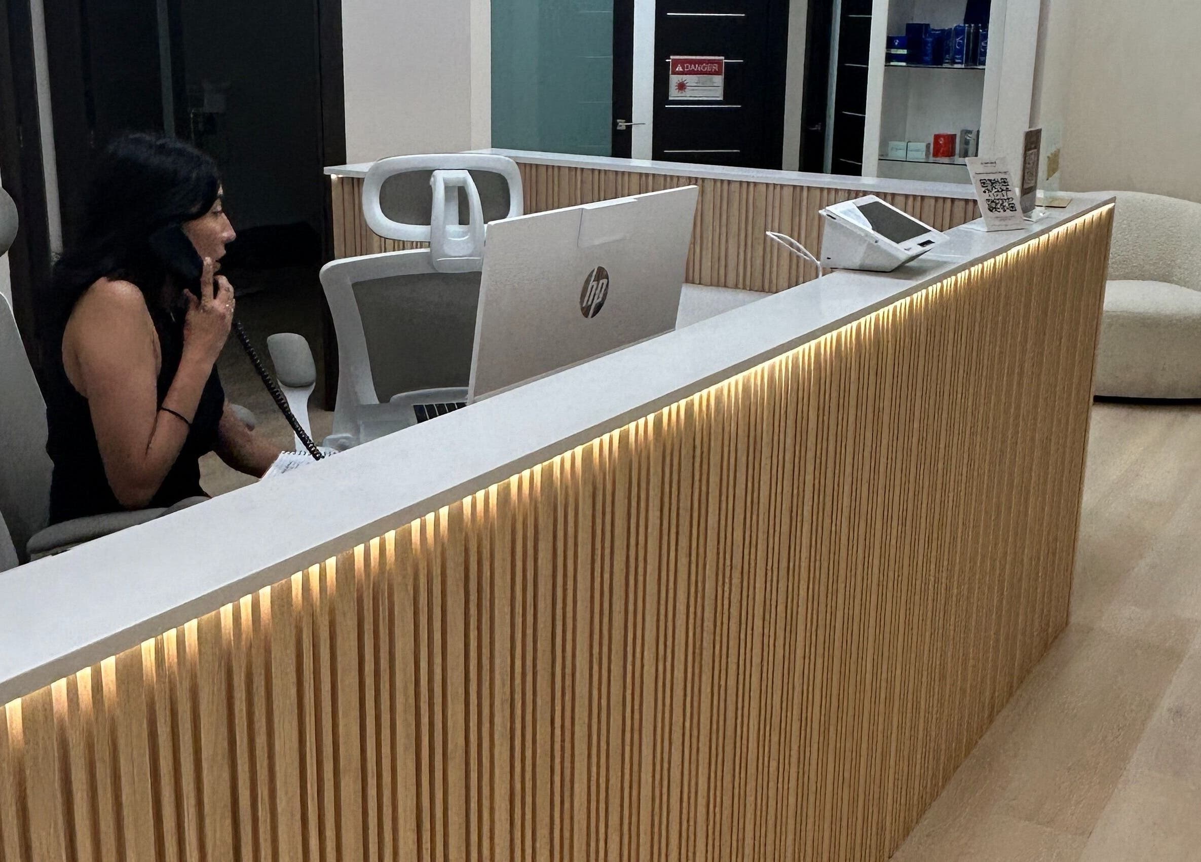 Reception area at Skinsation LA featuring modern design. Skin Tightening, Botox, Lip Fillers in Los Angeles, California, US.