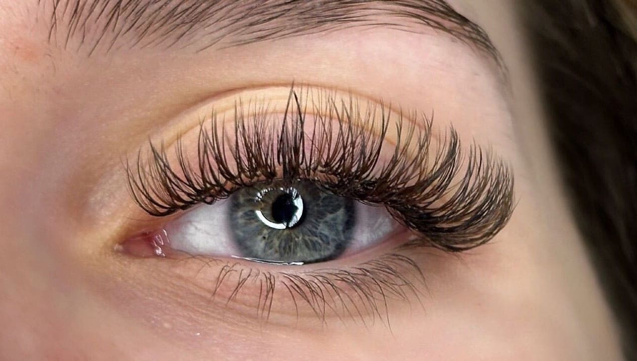 Close-up of expertly done eyelash extensions at Mya Skye Beauty, Rugby, England, GB.