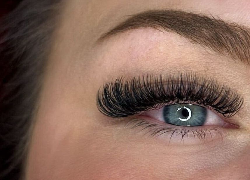 Close-up of expertly applied eyelash extensions at Mya Skye Beauty, Rugby, England, GB for a glamorous look.