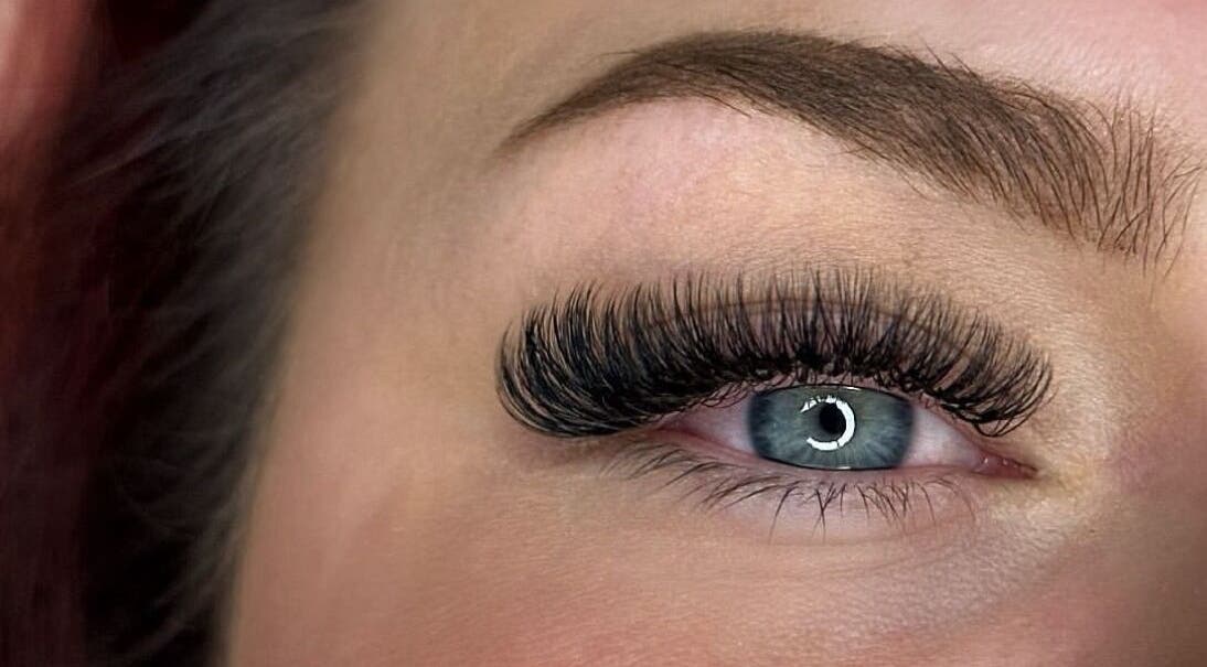 Close-up of expertly applied eyelash extensions at Mya Skye Beauty, Rugby, England, GB for a glamorous look.