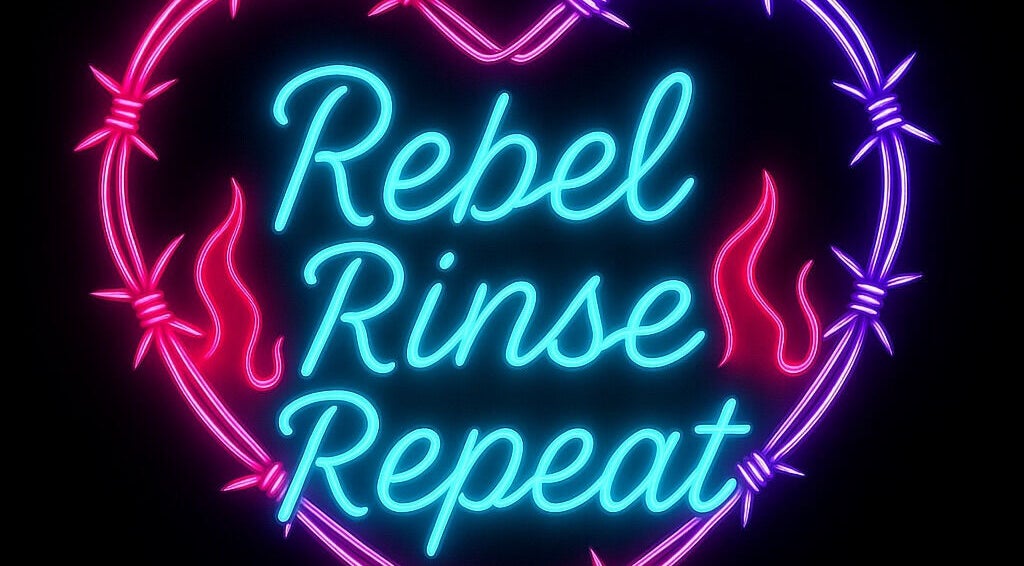 Neon 'Rebel Rinse Repeat' sign at Cristin's studio, St. Petersburg, Florida, US.