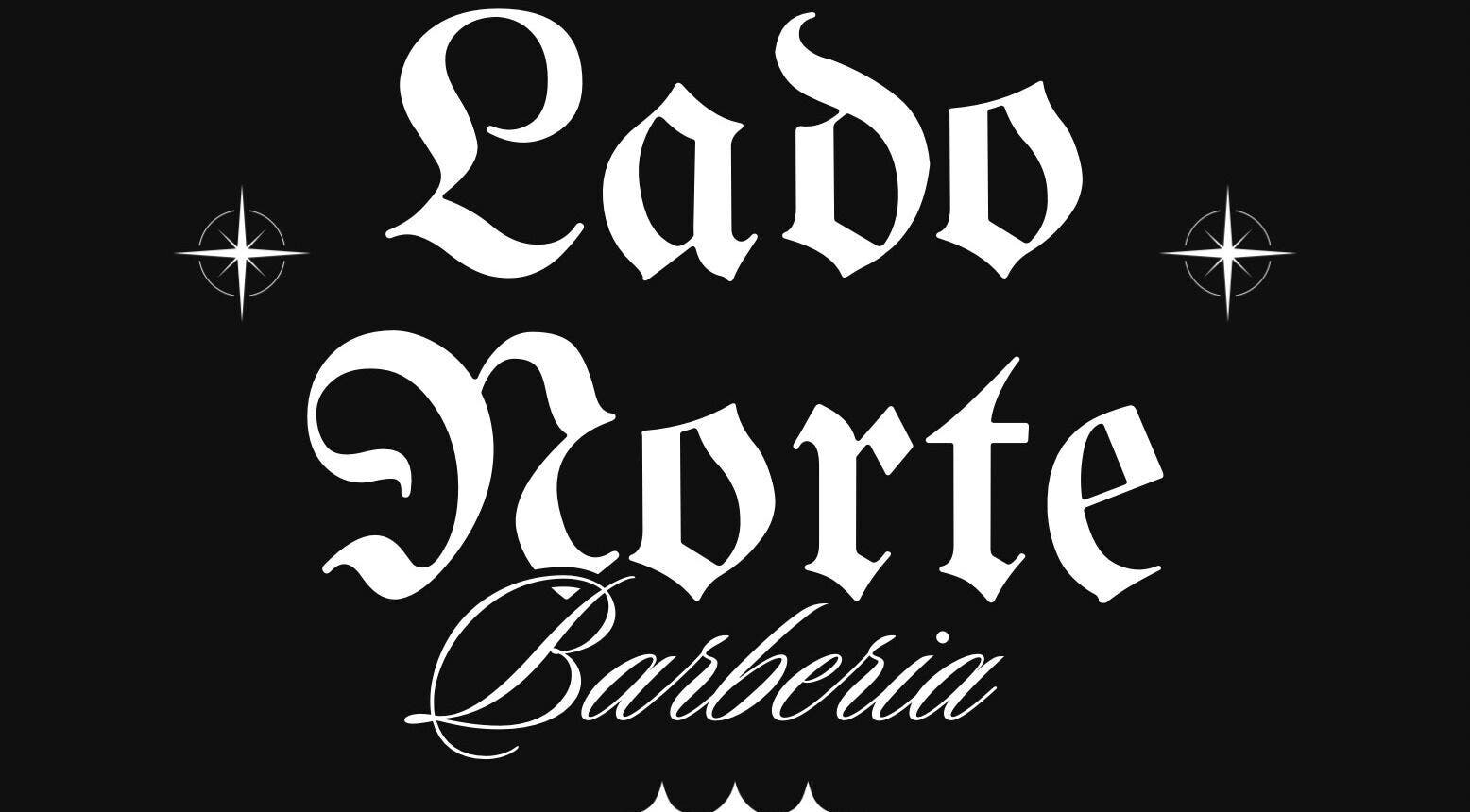 Logo de Lado Norte Barberia en letras blancas góticas, Campeche, Campeche, MX.