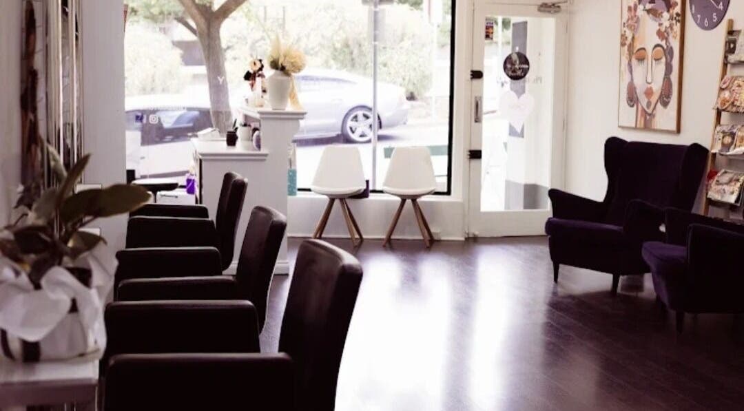 Stylish seating and decor in Heir Society salon, Linden Park, South Australia, AU.