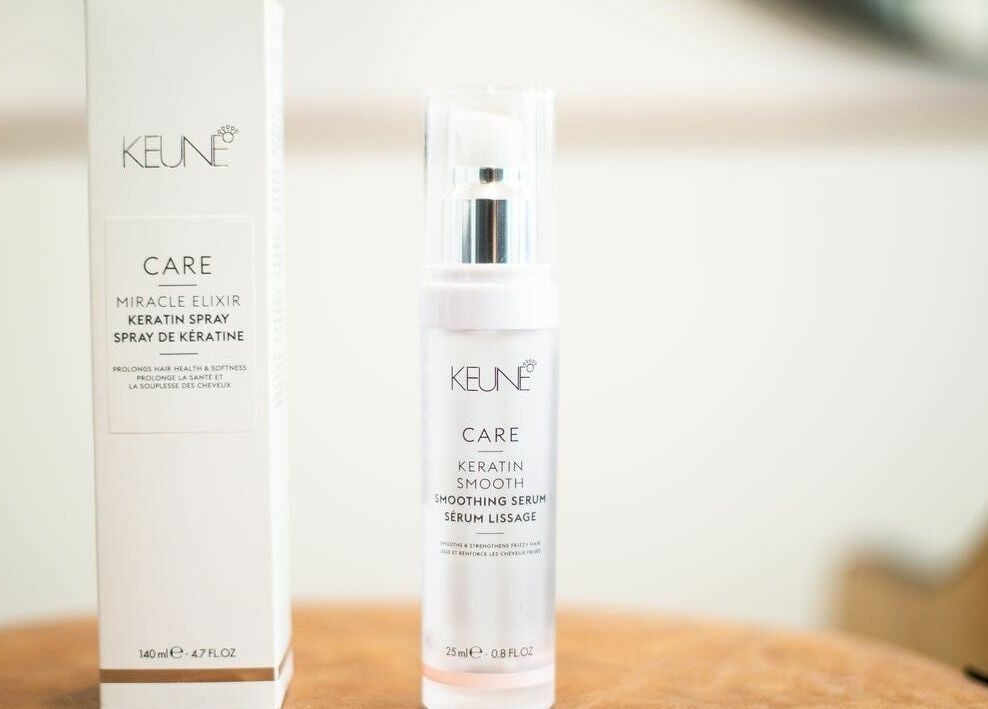 RC Designs' smoothing serum and keratin spray in Paddington, Queensland, AU on display.