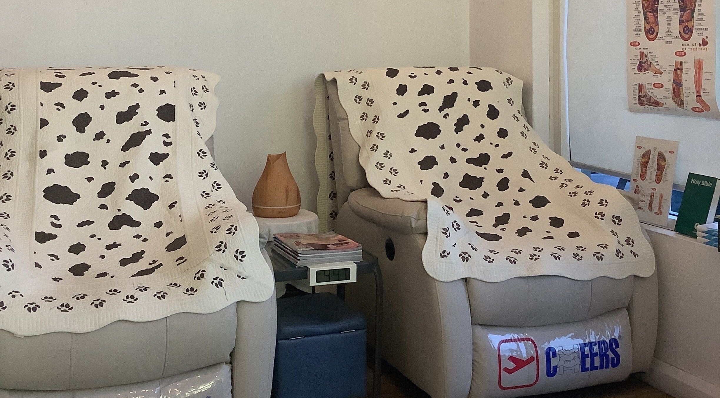 Comfortable massage chairs at Nee Massage | BICTON, Bicton, WA, AU adorned with patterned blankets.