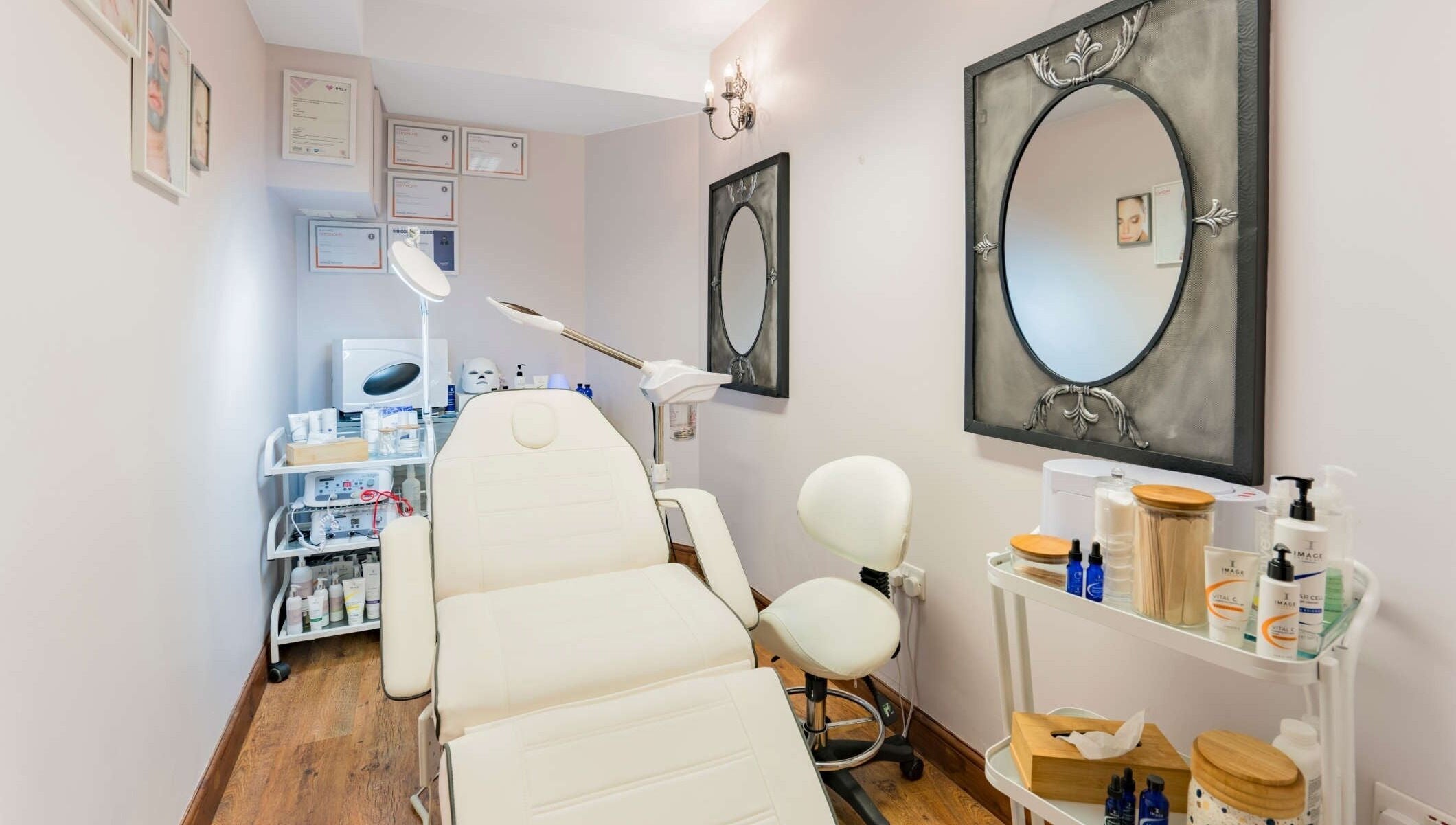 Calming treatment room at Beauty Spot by NP (Remix Salon), London, England, GB, featuring modern spa equipment.
