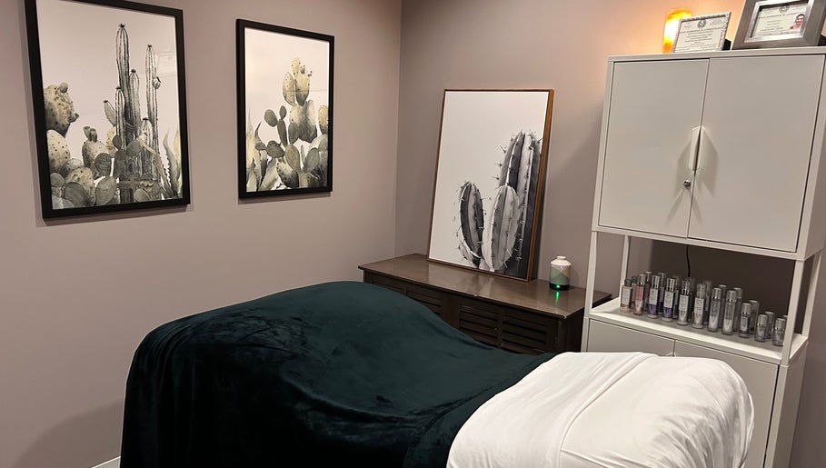 Cozy treatment room at Skin Therapy & Wellness in Fort Worth, Texas, US with cactus artwork and skincare products.