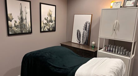 Cozy treatment room at Skin Therapy & Wellness in Fort Worth, Texas, US with cactus artwork and skincare products.