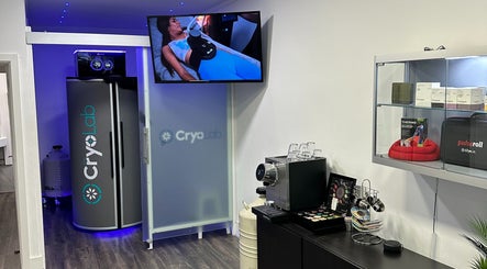 Interior view of The Cryo Lab in Whitefield, England, GB, showcasing cryotherapy equipment and modern wellness amenities.