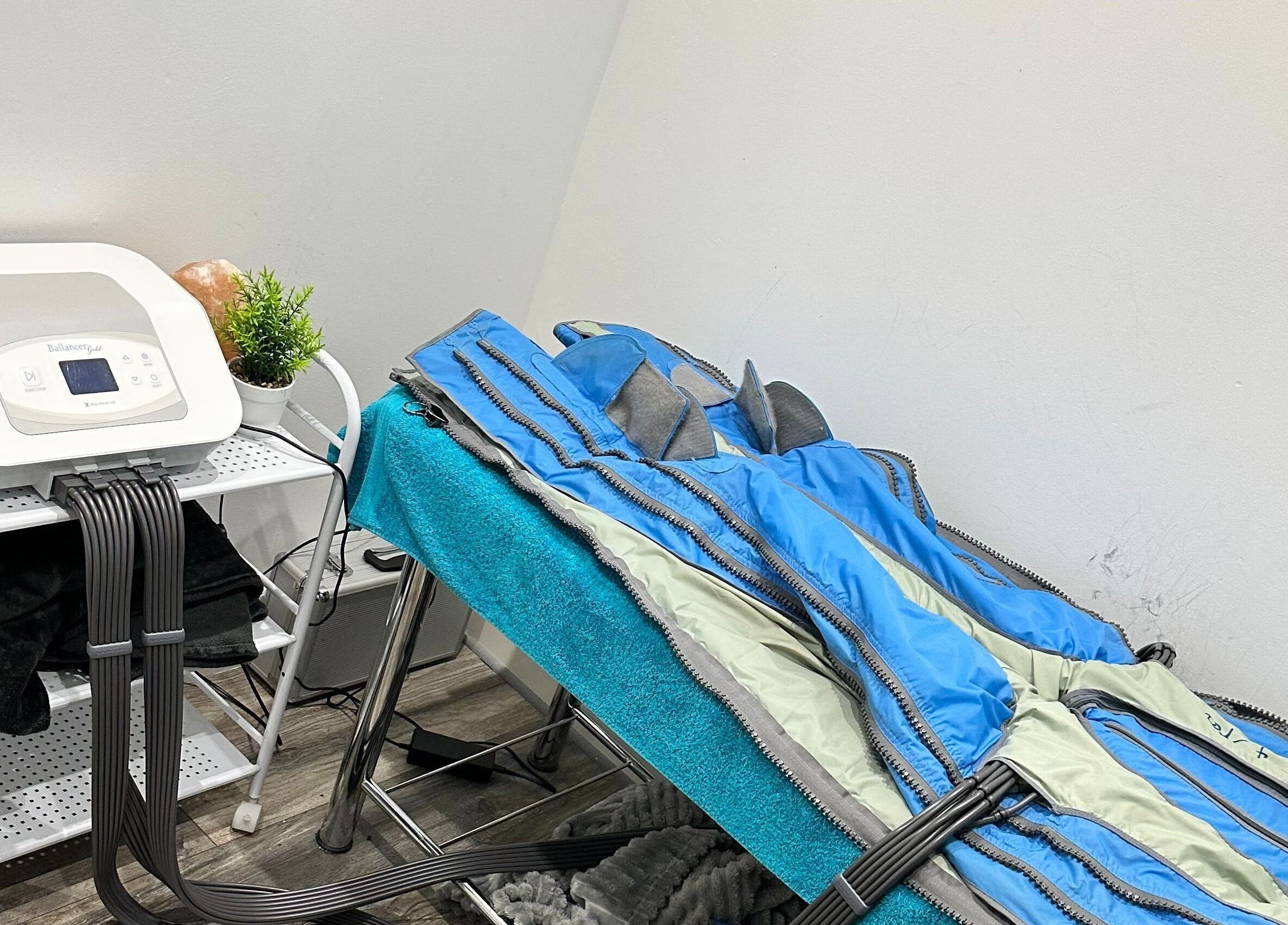 Cryotherapy setup at The Cryo Lab in Whitefield, England, GB, showcasing modern wellness equipment.