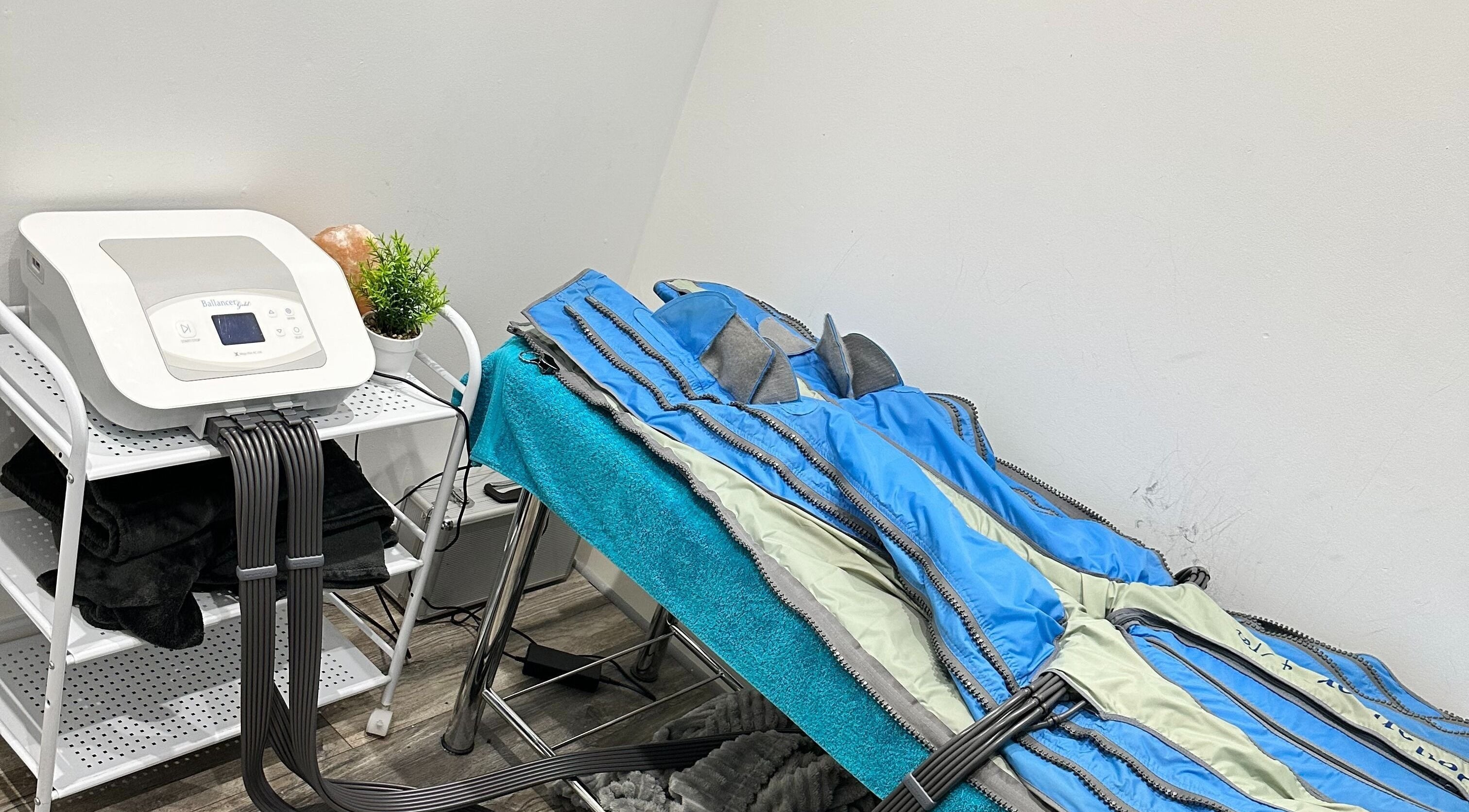 Cryotherapy setup at The Cryo Lab in Whitefield, England, GB, showcasing modern wellness equipment.